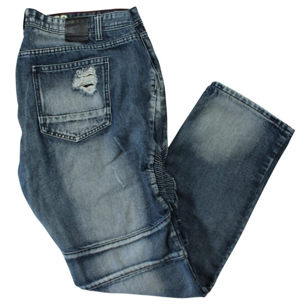 Contender Moto Jeans Men’s 42x34 Distressed Biker Denim Blue Wash